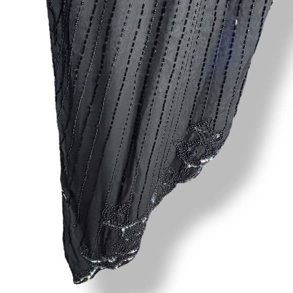 Vintage 80s Black Beaded Sequin Evening Gown Asymmetrical Hem Dress Column Maxi - Picture 5 of 10